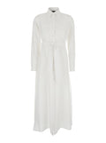 Dress with Classic Collar and Adjustable Belt in White Linen for Women Long