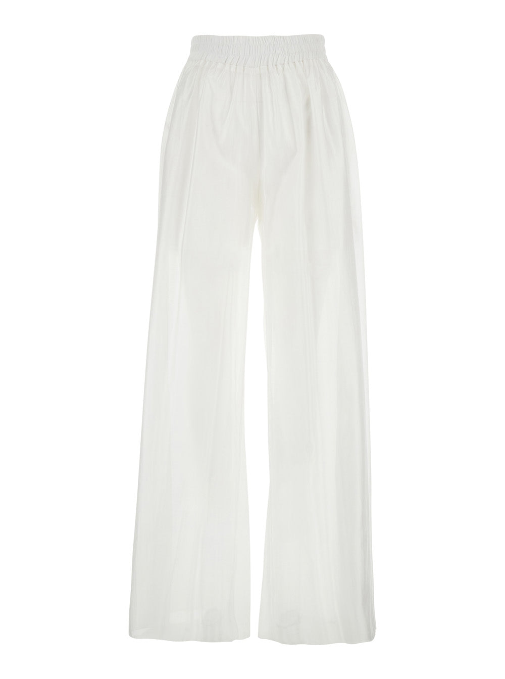 White Pants with Elastic Waist and Wide Leg in Fabric Woman Trousers
