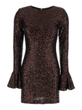 Brown Dress With Round Neck And All-Over Applied Sequins Fabric For Women