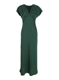 Green Long Dress with V-Neck and Ruffles on the Front in Tech Fabric Women Polyester