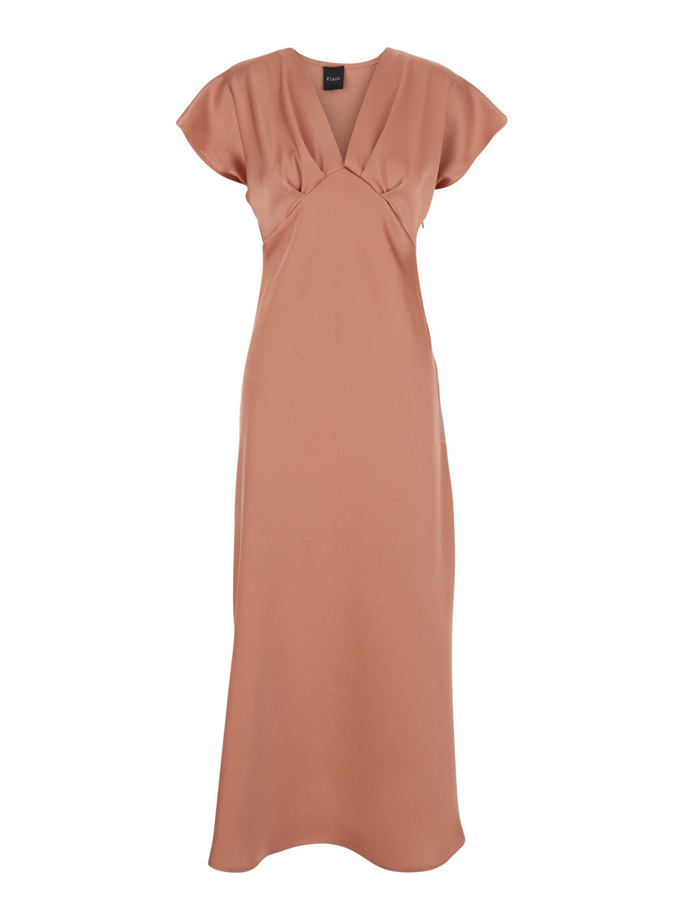 Pink Long Dress with V-Neck and Ruches on the Front in Tech Fabric Women Polyester