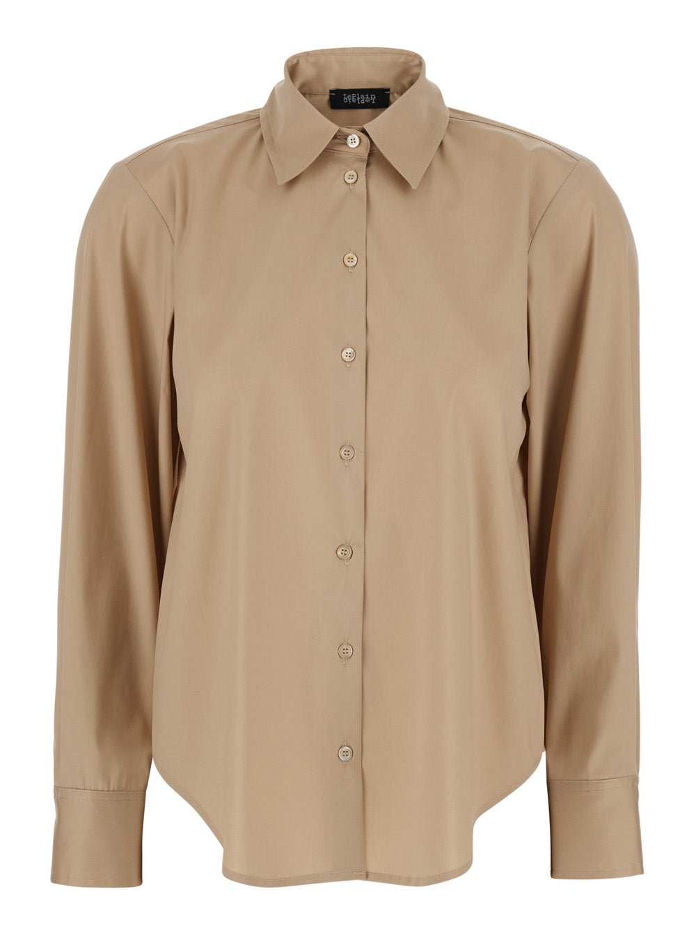 Beige Cotton Shirt with Classic Collar and Button Cuffs for Women Nylon Elastane Blouses