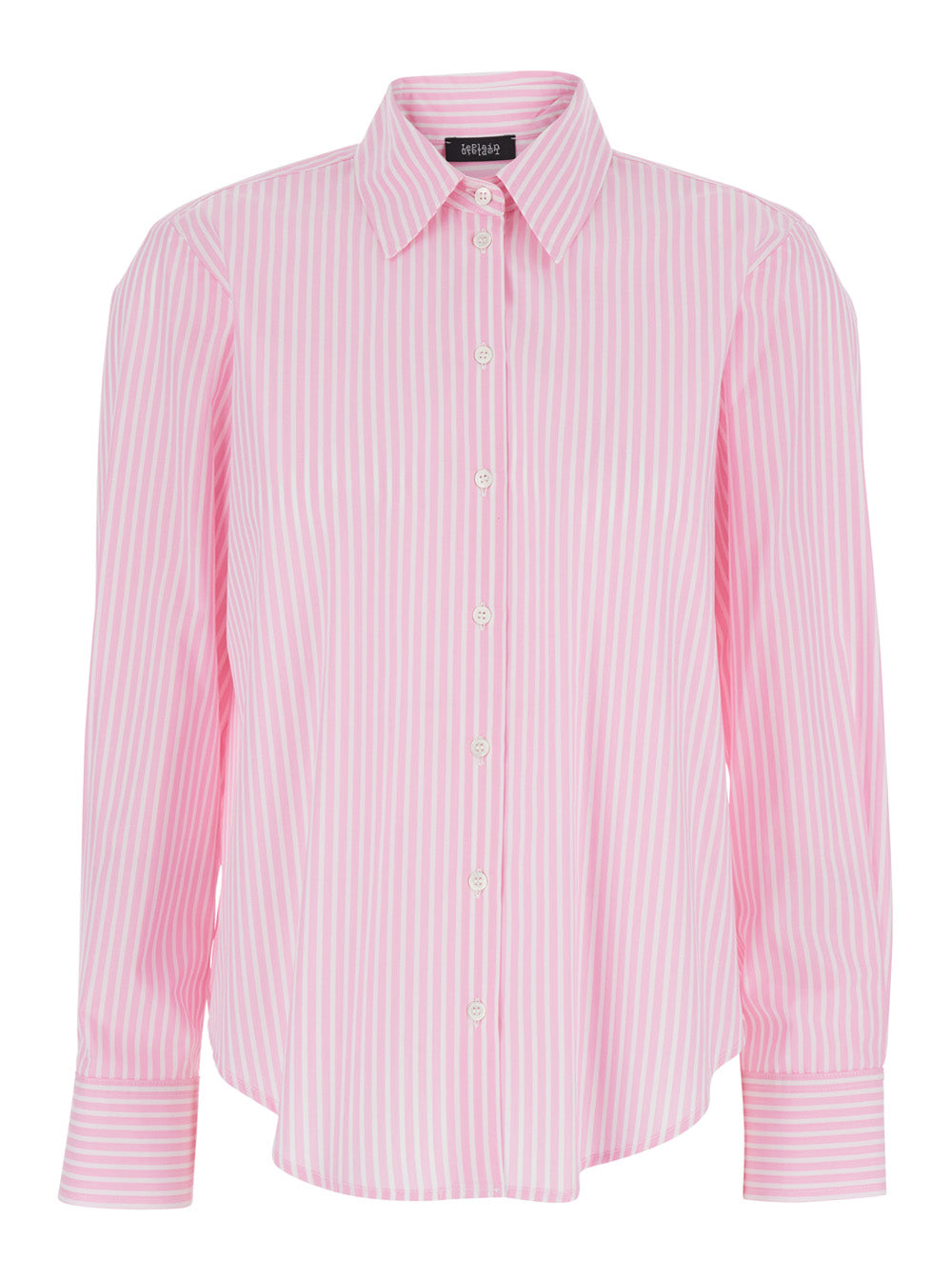 Pink Shirt with Classic Collar and Striped Motif in Cotton Woman Blouses