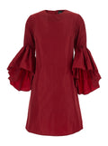 Red Crew Neck Dress With Flared Draped Sleeves Silk Blend Woman