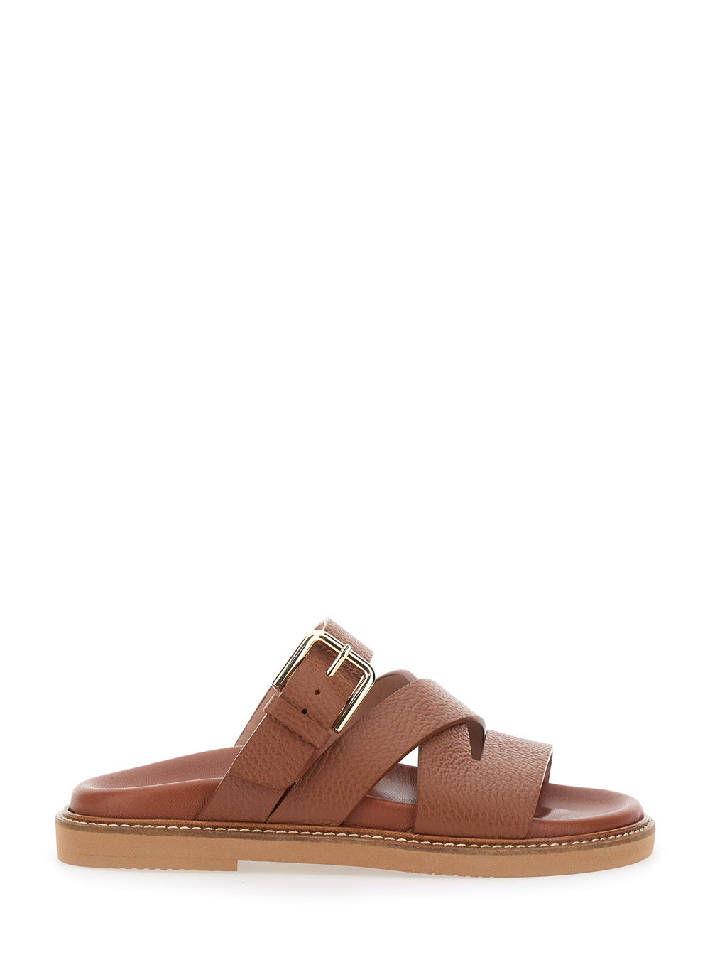 Brown Leather Open Toe Sandals with Buckle Closure for Women Calf Flat Shoes