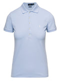 Julie Light Blue Polo with Classic Collar and Pony Embroidery on the Front in Stretch Cotton Woman Elastane Tshirts Shirts