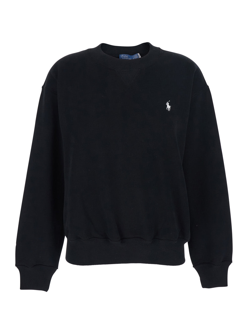 Black Crewneck Sweatshirt with Dropped Shoulders and Embroidered Pony on the Front in Cotton Blend for Women Polyester Sweatshirts