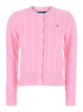 Pink Crew Neck Cardigan with Pony Embroidery on the Front and Cable Knit in Cotton for Women Jersey
