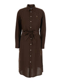 Brown Dress with Long Sleeves and Front Closure in Cotton Linen for Women