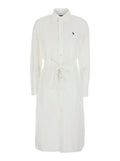White Dress with Classic Collar and Pony Embroidery on Front in Cotton for Women Linen