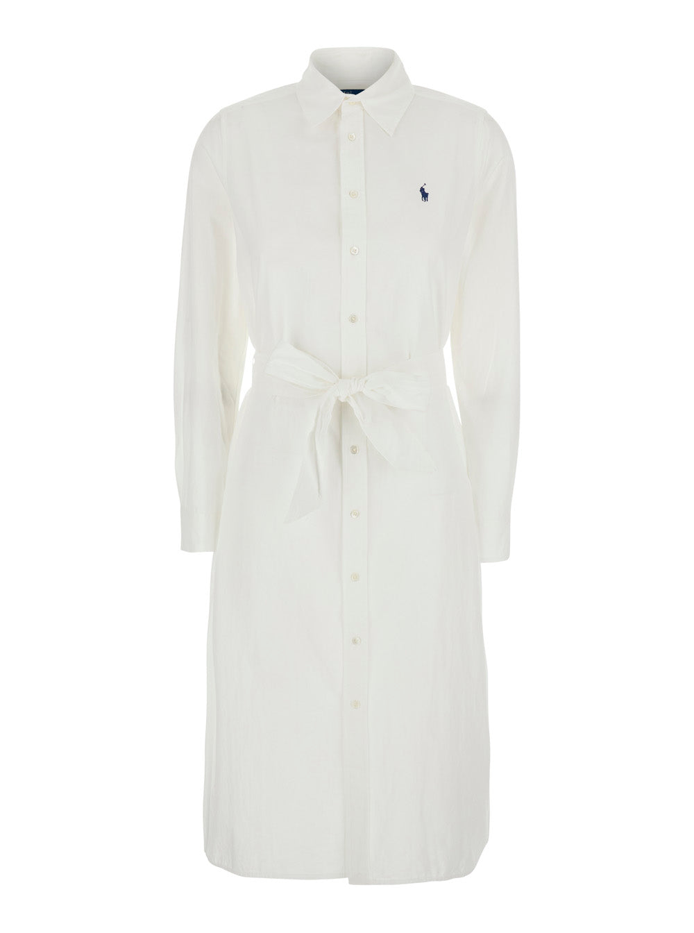 White Dress with Classic Collar and Pony Embroidery on Front in Cotton for Women Linen