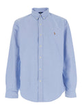Blue Slim Fit Oxford Shirt with Button Down Collar and Front Embroidery in Cotton for Men Light Blouses