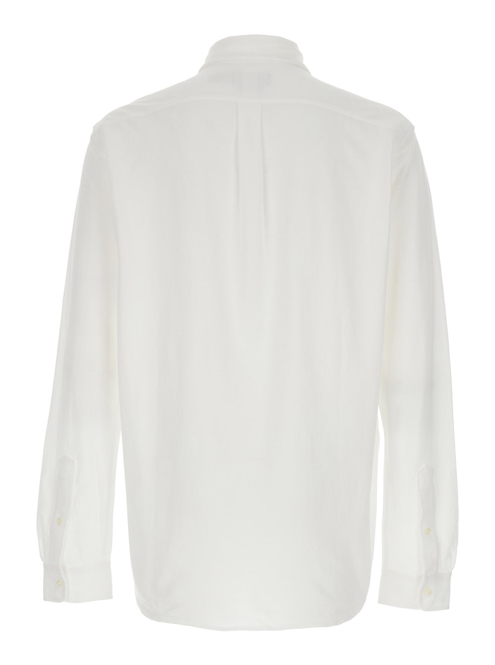 White Long-sleeved Shirt with Button-Down Collar and Pony Embroidery on the Front in Piquet Cotton Men Blouses