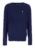 Blue Crewneck Sweater with Braided Knit and Pony Embroidery on the Front in Cotton Man Blu Jersey