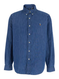 Blue Long-sleeved Shirt with Classic Collar and Embroidered Pony Logo in Denim for Men Blu Blouses