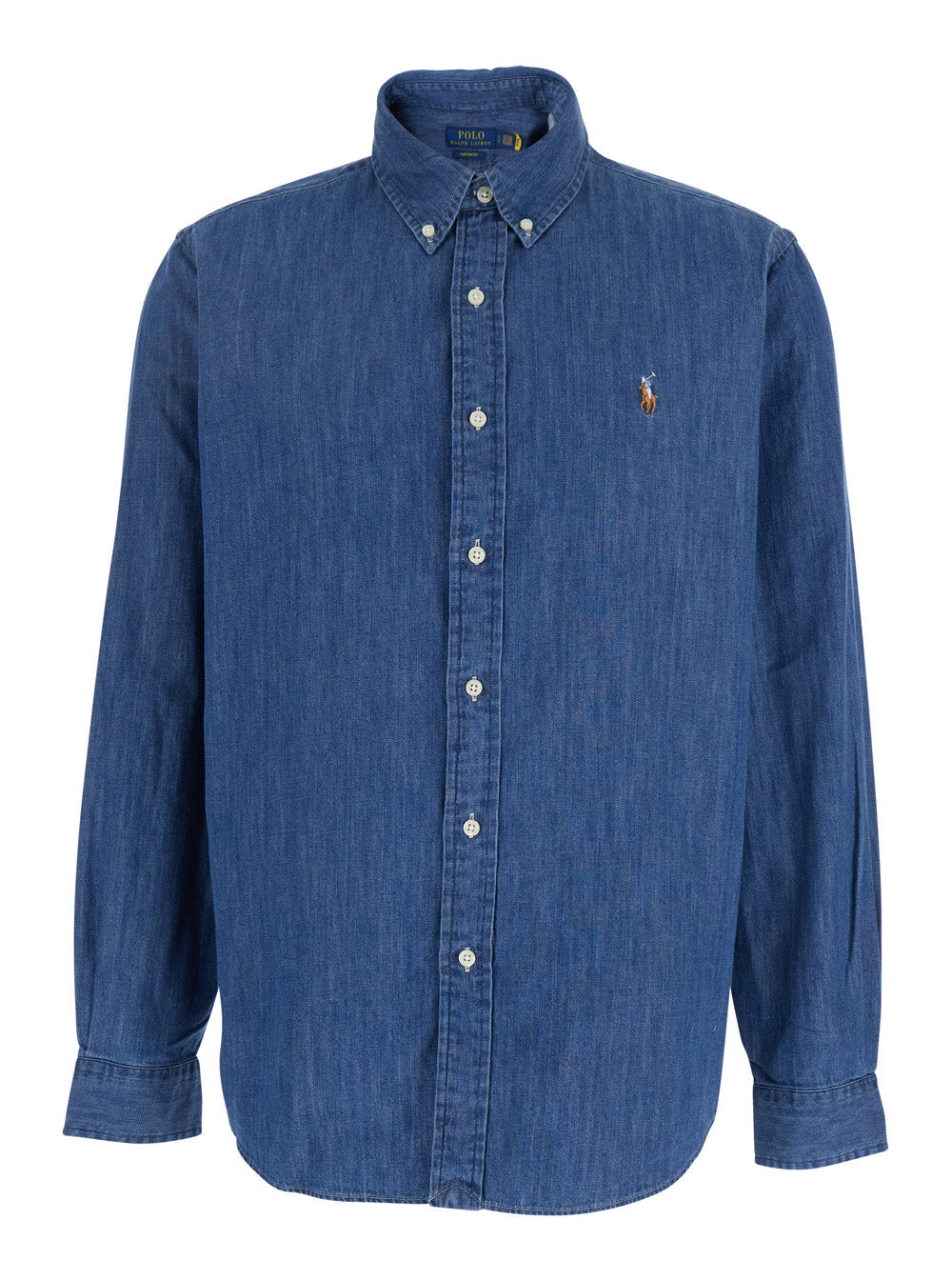 Blue Long-sleeved Shirt with Classic Collar and Embroidered Pony Logo in Denim for Men Blu Blouses