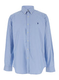 Blue Shirt Custom Fit with Button Down Collar and Pony Embroidery on the Front in Cotton for Men Light Blouses