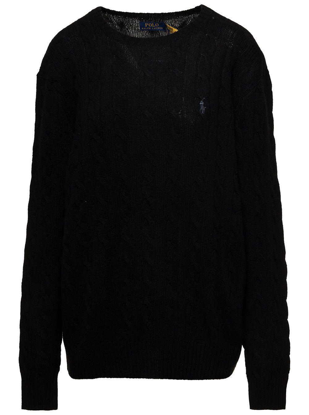 Black Sweater with braided Design and Logo on the Front in Wool Cashmere Man Jersey