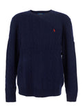 Blue Crew Neck Sweater with Cable Knit and Pony Embroidery on the Front in Wool Cashmere for Men Blu Jersey