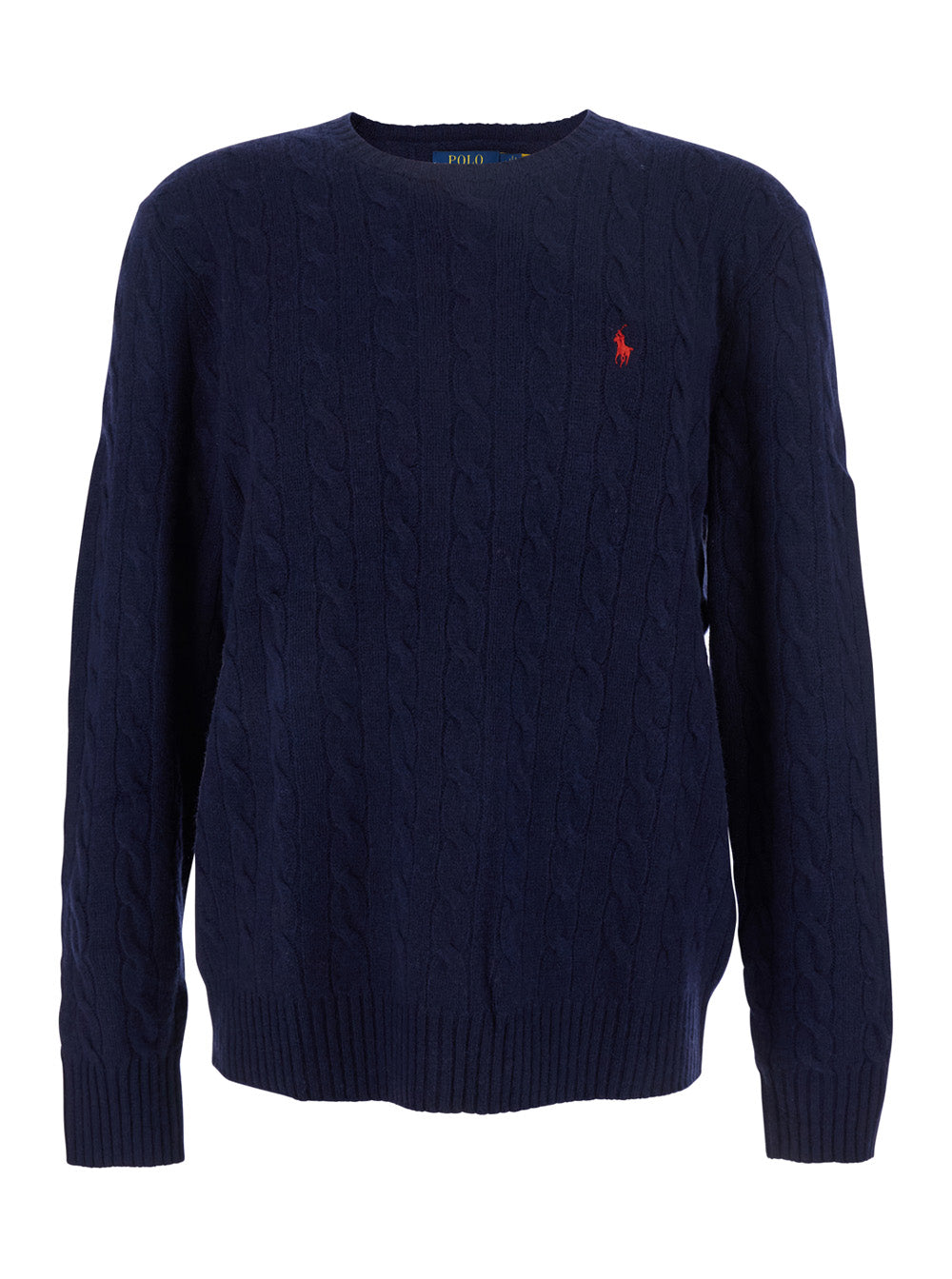 Blue Crew Neck Sweater with Cable Knit and Pony Embroidery on the Front in Wool Cashmere for Men Blu Jersey