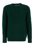 Crew Neck Sweater with Pony Embroidery on the Front and Cable Knit in Green Wool Cashmere for Men Jersey