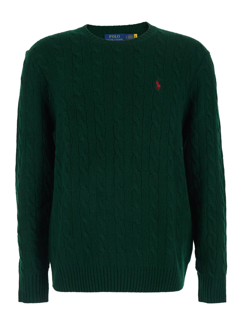 Crew Neck Sweater with Pony Embroidery on the Front and Cable Knit in Green Wool Cashmere for Men Jersey