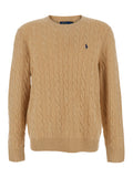 Beige Crew Neck Sweater with Braided Knit and Pony Embroidery on the Front in Wool Cashmere for Men Jersey