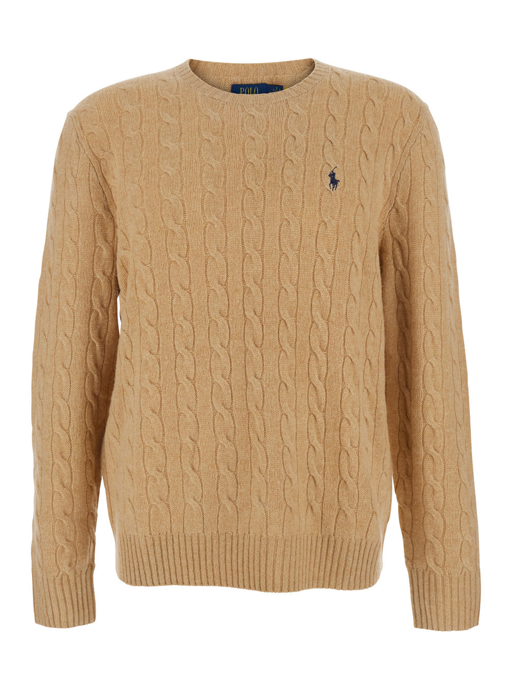 Beige Crew Neck Sweater with Braided Knit and Pony Embroidery on the Front in Wool Cashmere for Men Jersey
