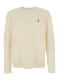 White Crewneck Sweater with Braided Knit and Pony Embroidery on the Front in Wool Cashmere for Men Jersey