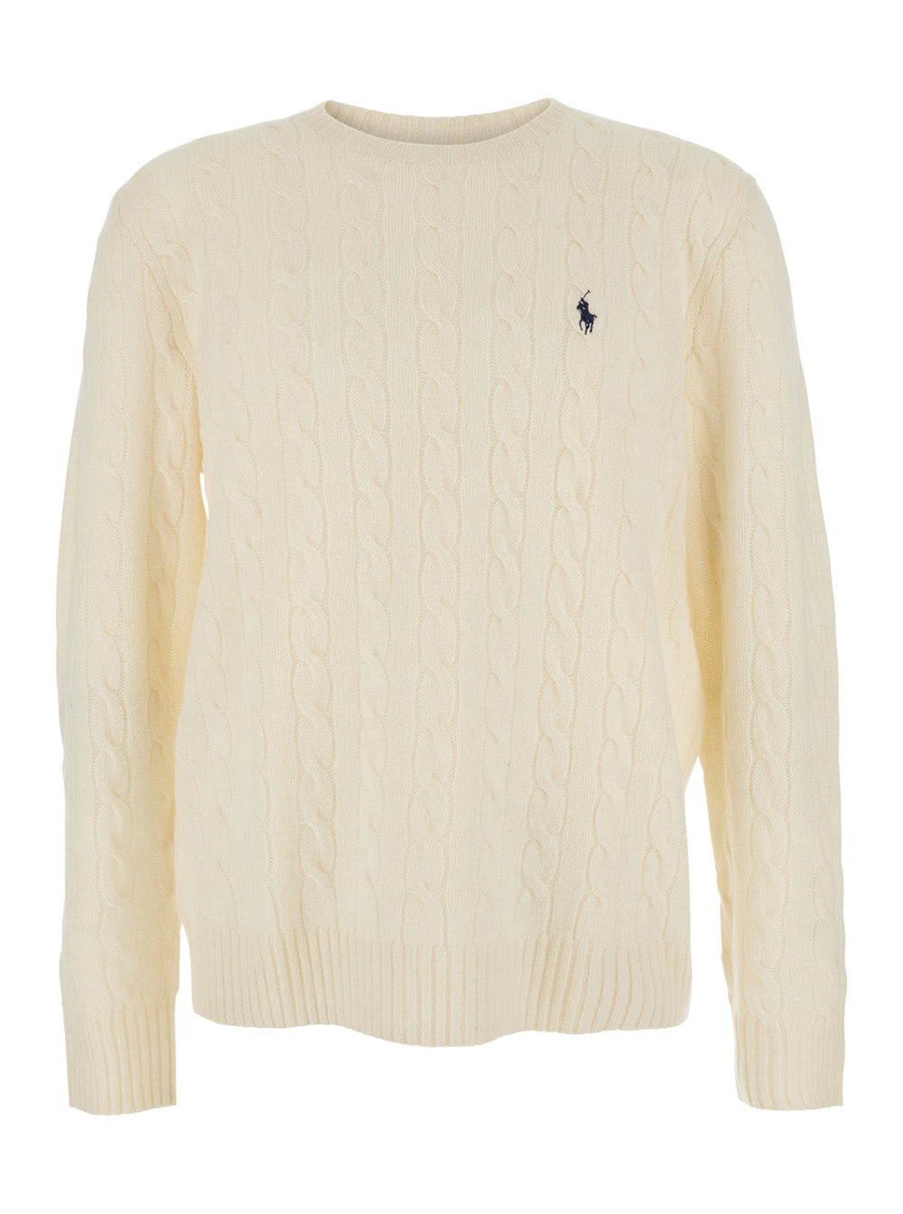 White Crewneck Sweater with Braided Knit and Pony Embroidery on the Front in Wool Cashmere for Men Jersey