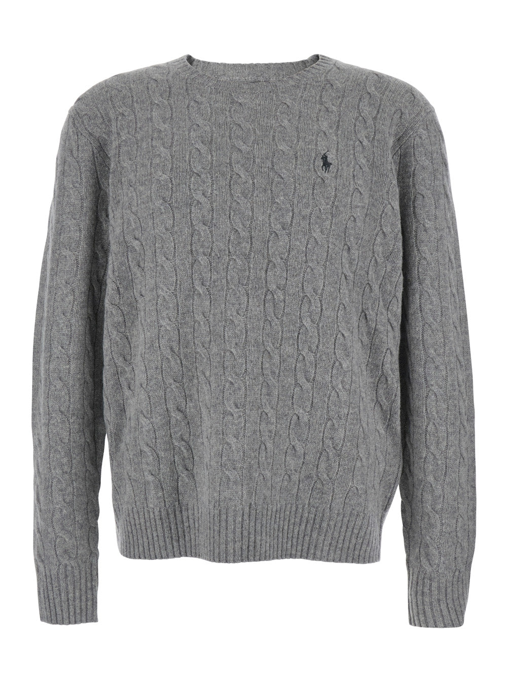 Crew Neck Sweater with Pony Embroidery on the Front and Knit in Wool Cashmere Gray Men Grey Jersey