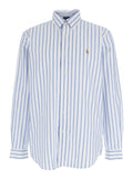 Light Blue Shirt With Pony Embroidery On The Front And All-Over Striped Motif In Cotton For Men Blouses