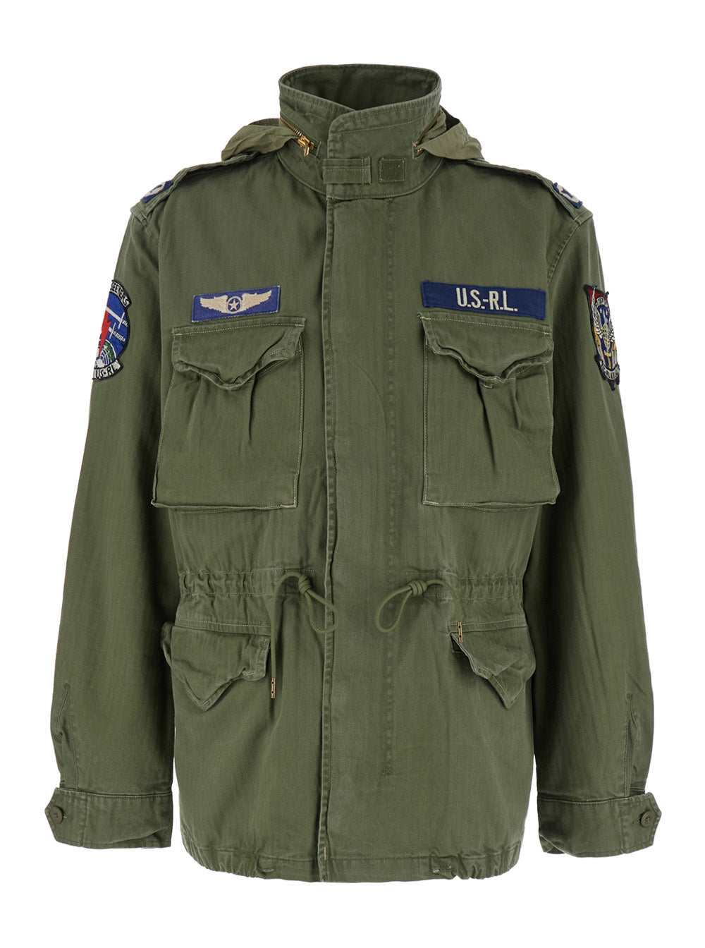 Green Jacket with Patches Applied on the Front and Sleeves in Cotton Man Outerwear