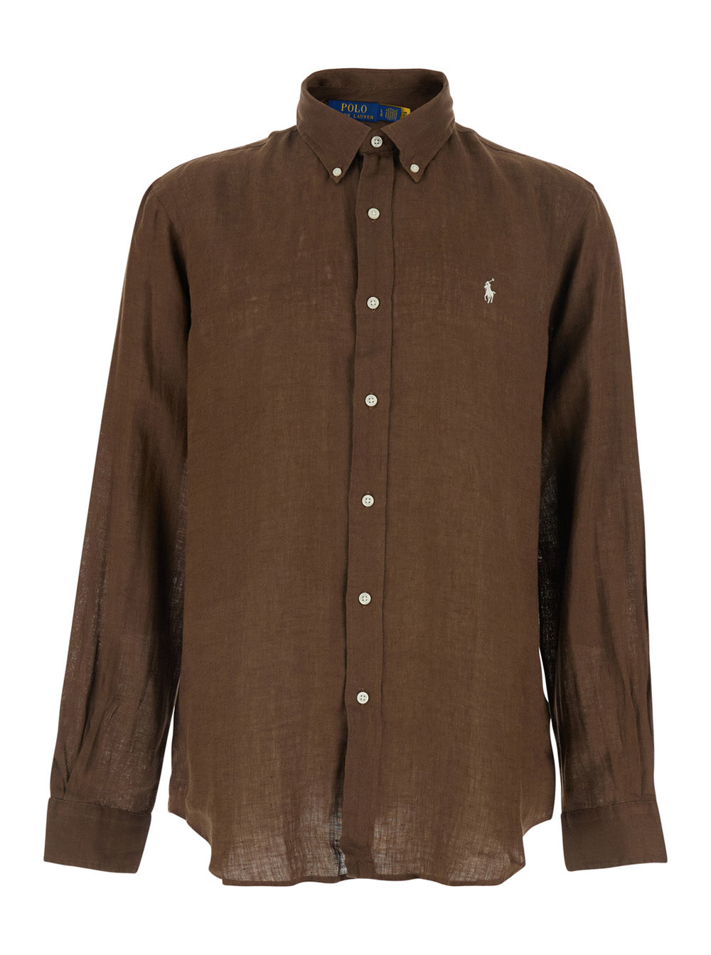 Classic Fit Brown Shirt with Pointed Collar and Embroidered Pony Logo on the Front in Linen Man Blouses
