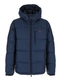 Blue Puffer Jacket with Fixed Hood and Embroidered Pony Logo on Chest in Tech Fabric for Men Blu Polyester Down