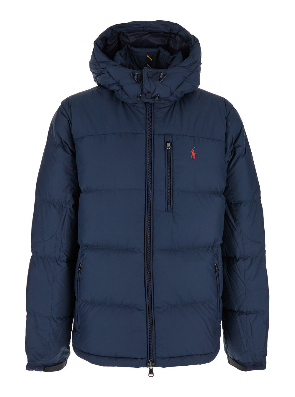 Blue Puffer Jacket with Fixed Hood and Embroidered Pony Logo on Chest in Tech Fabric for Men Blu Polyester Down