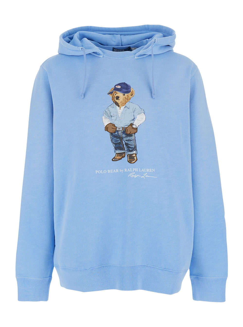 Light Blue Hoodie with Fixed Hood and Bear Logo on the Front in Cotton for Men Sweatshirts