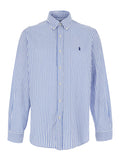 Light Blue Shirt With Striped Design And Classic Collar In Cotton Man Blouses