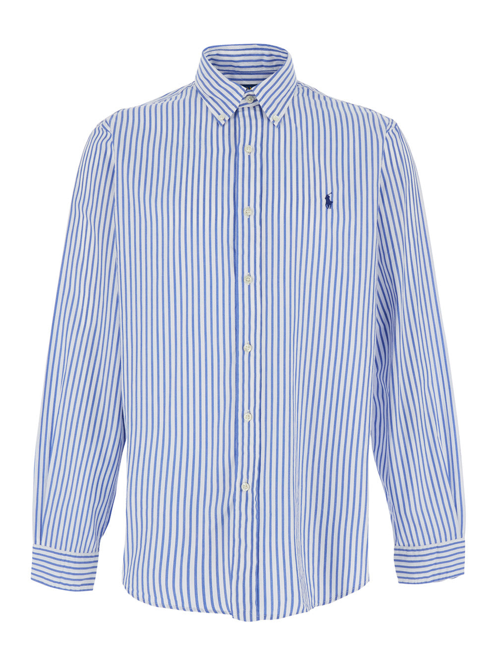 Light Blue Shirt With Striped Design And Classic Collar In Cotton Man Blouses