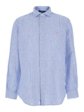 Blue Striped Linen Shirt With Classic Collar And Long Sleeves For Men Light Blouses