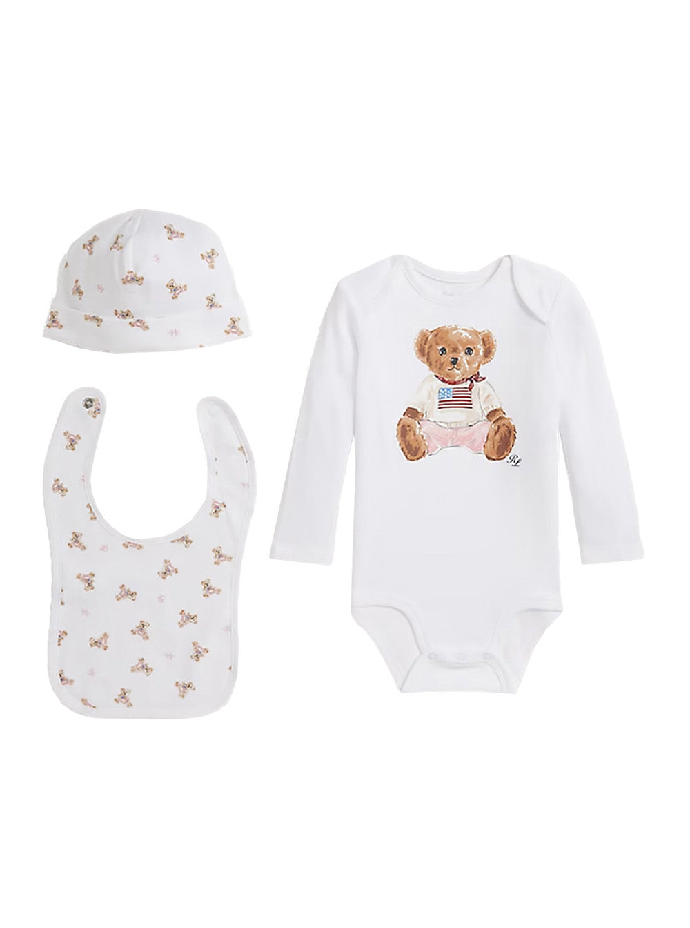 White Logo Baby Bodysuit with Matching Hat and Bib Cotton Suits