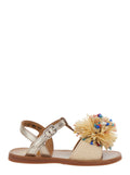 Gold Laminated Raffia Pompom Sandals - Cream Girl Beige Leather Textile Flat Shoes