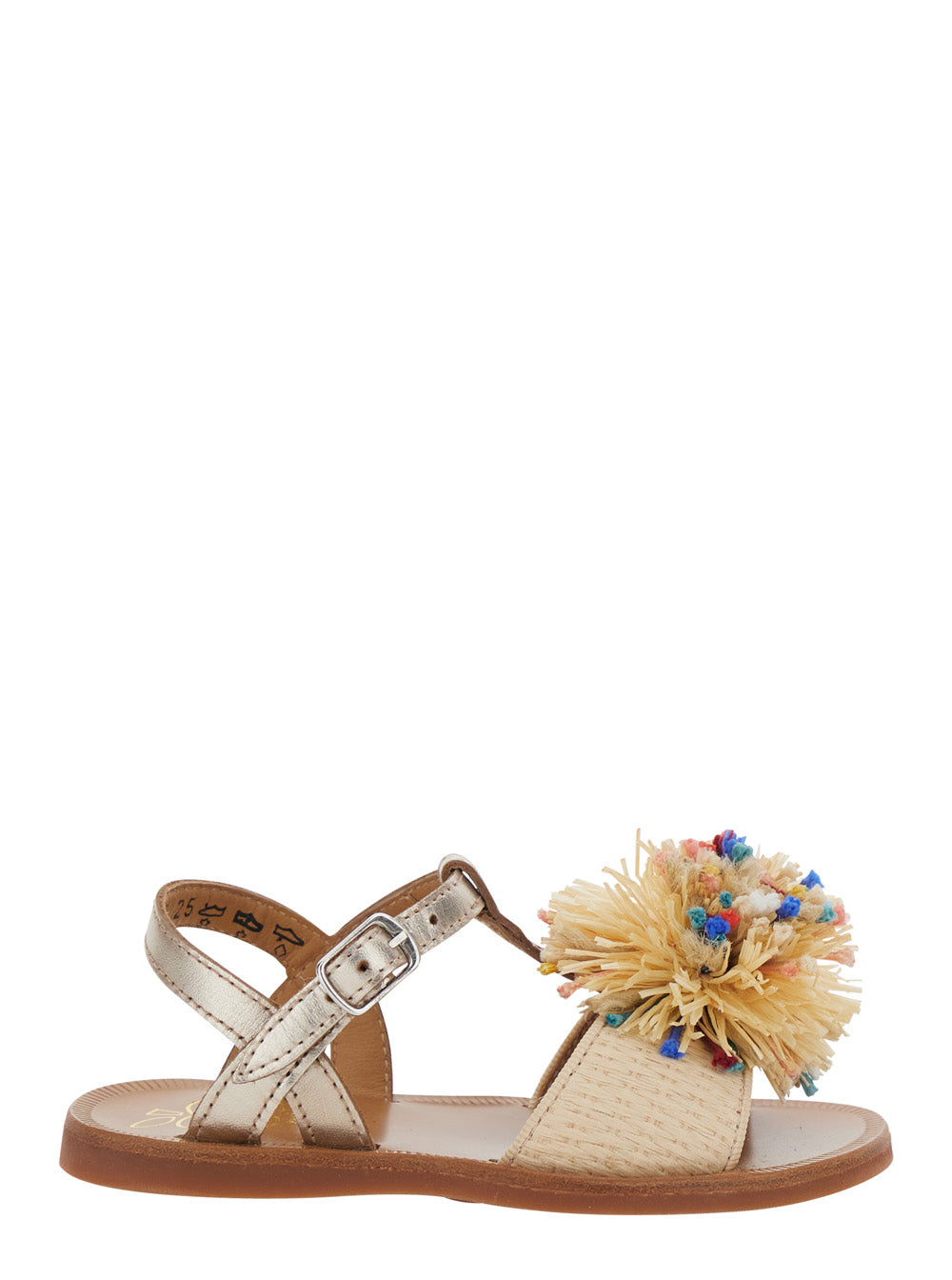 Gold Laminated Raffia Pompom Sandals - Cream Girl Beige Leather Textile Flat Shoes