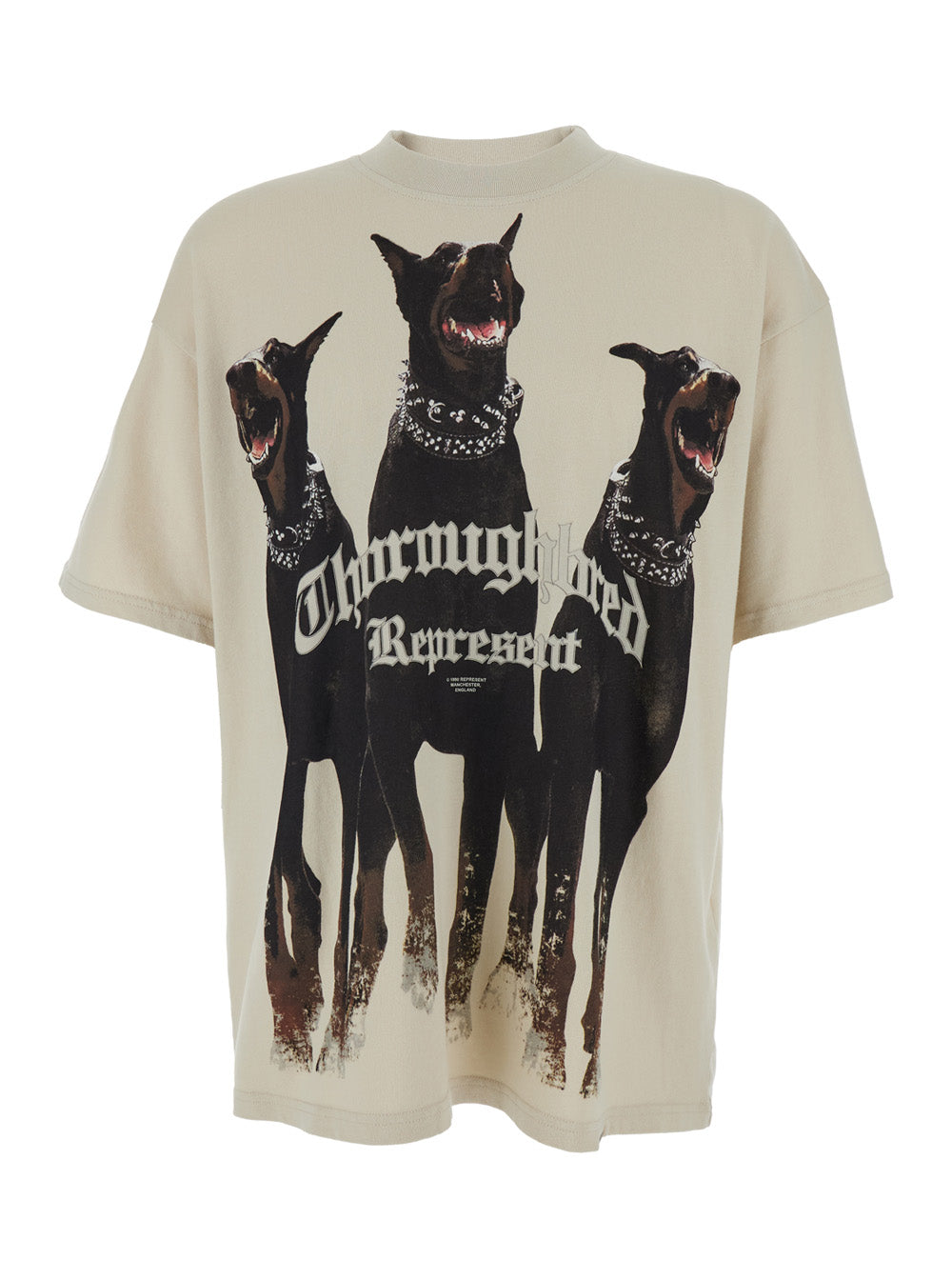 T-Shirt Thoroughbred with Doberman Graphic Print and Lettering Logo on the Front in Beige Cotton for Men Tshirts Polo Shirts