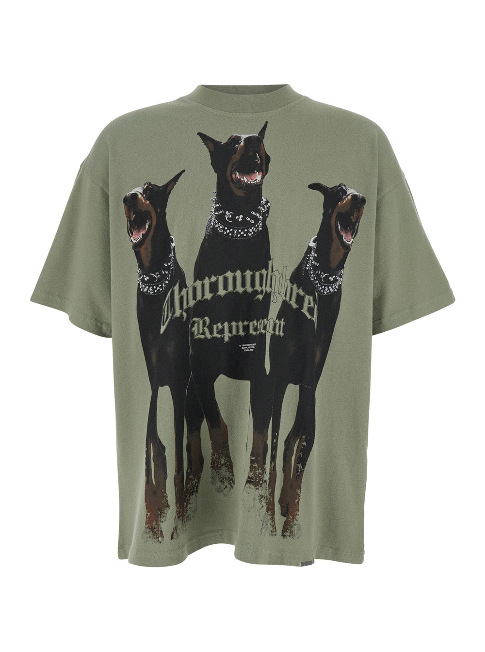 Thoroughbred T-Shirt with Doberman Graphic Print and Lettering Logo on the Front in Green Cotton for Men Tshirts Polo Shirts