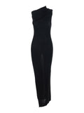 Long Dress Athena Asymmetric with Wide Neck and Ribbed Knit in Black Cotton for Women Wool