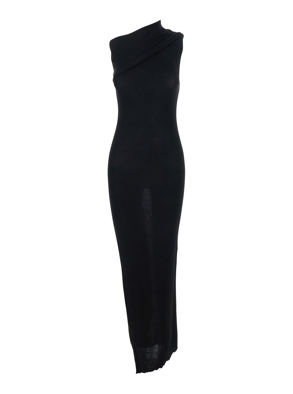 Long Dress Athena Asymmetric with Wide Neck and Ribbed Knit in Black Cotton for Women Wool