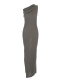 Long Dress Athena Asymmetric with Wide Neck and Ribbed Knit in Grey Cotton for Women Wool