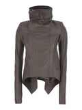 Oversized Naska Jacket with High Collar and Front Zip Closure in Grey Leather for Women Lamb Outerwear