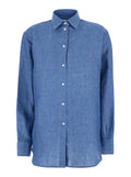 Blue Shirt with Classic Collar and Button Closure for Women Blu Linen Blouses